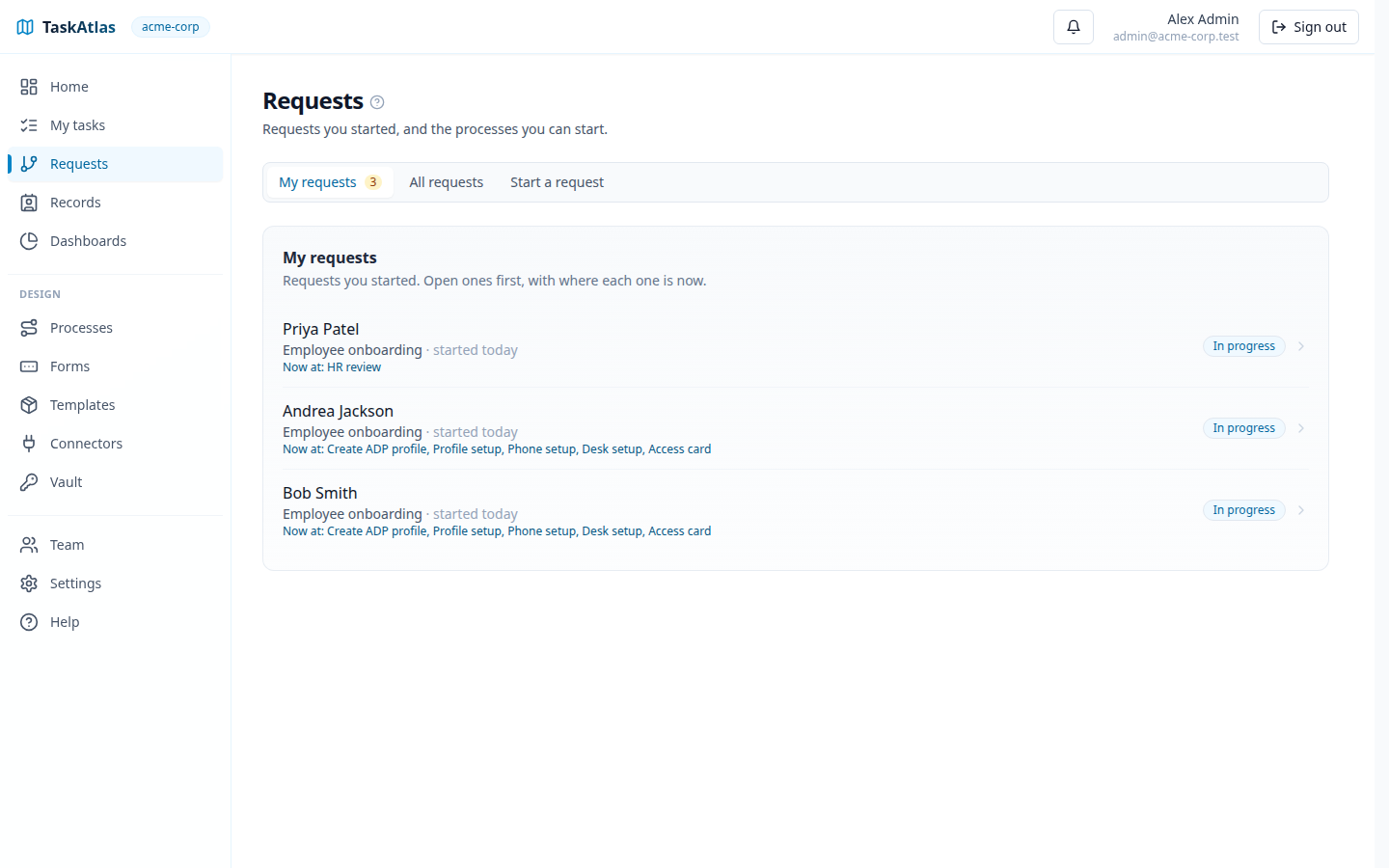 TaskAtlas requests list with employee onboarding for Bob Smith and Andrea Jackson